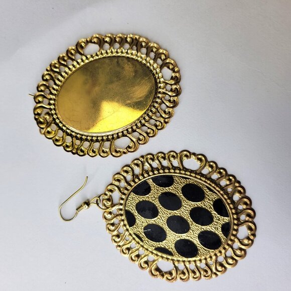 Gold and Black Oval Earrings Gold Filigree Oval Earrings Large Glitter Earrings - Picture 3 of 5